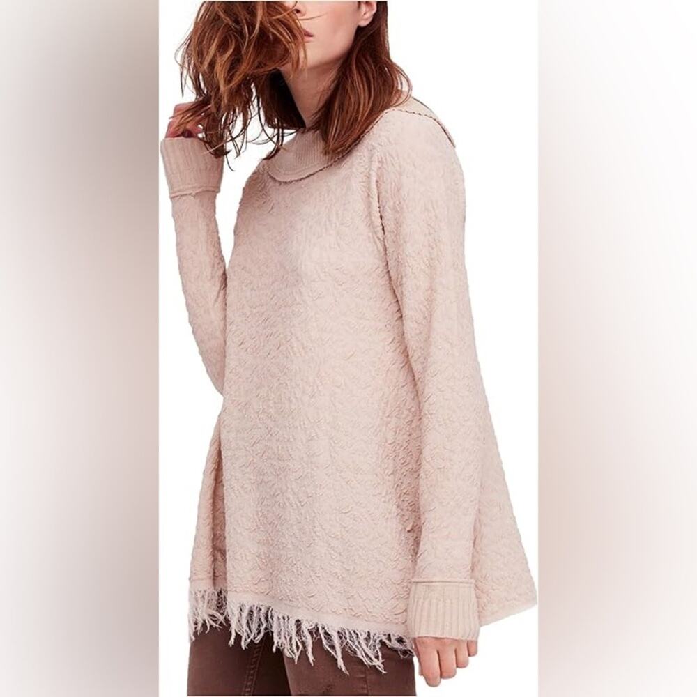 Free People Broken Glass Blush Pink Textured Fringe Sweater Size Small